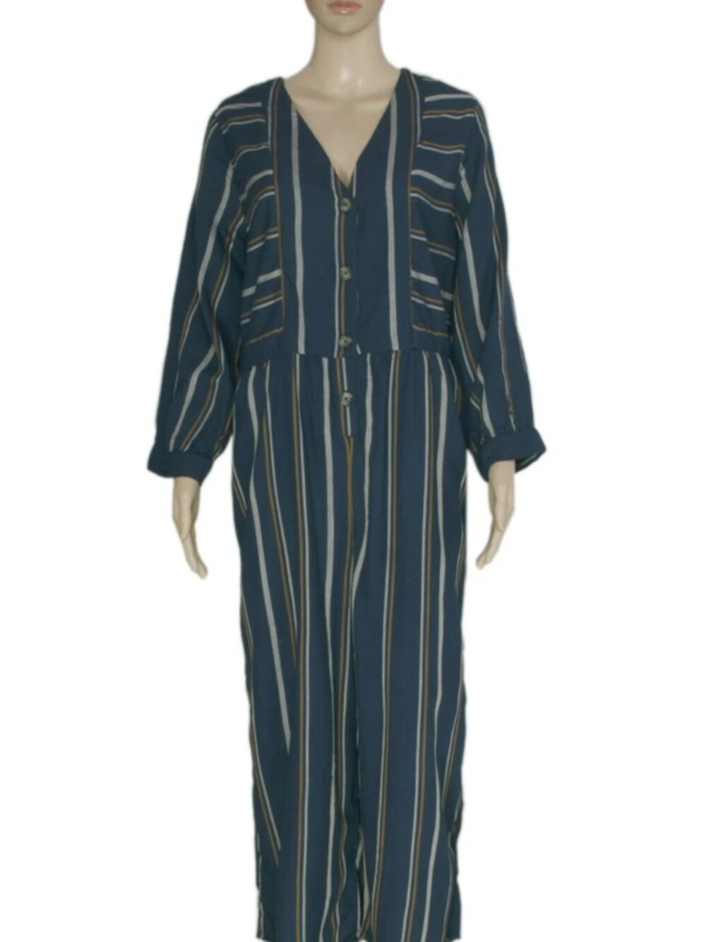 Old Khaki Striped Printed Button Long Sleeve Navy Jumpsuit XL 14